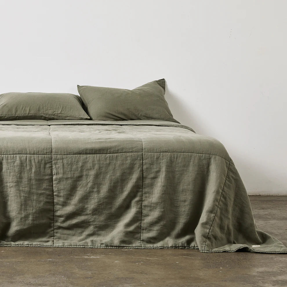 100% Linen Quilted Bed Cover in Khaki