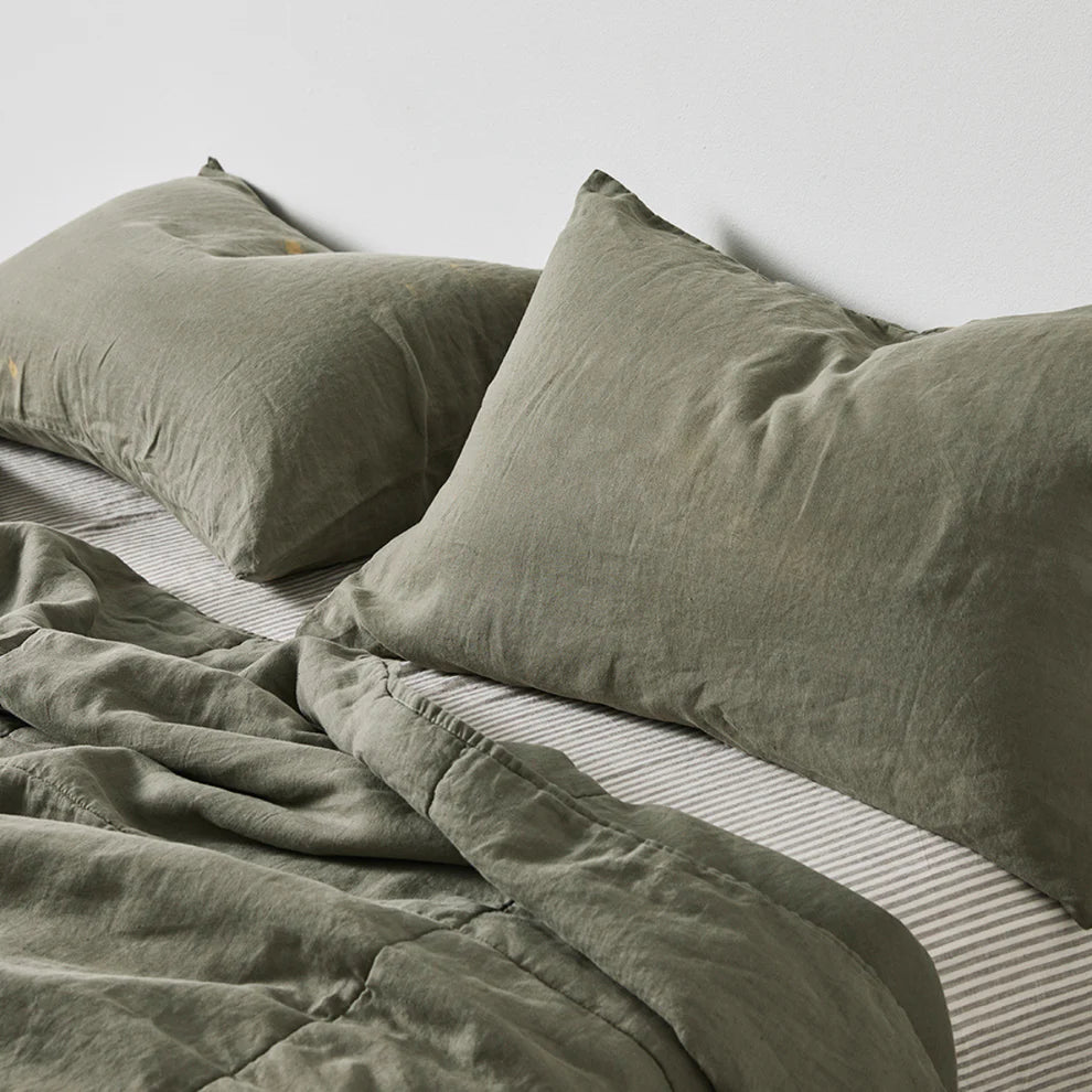 100% Linen Quilted Bed Cover in Khaki