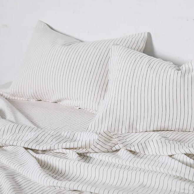 100% Linen Fitted Sheet in Pinstripe Navy