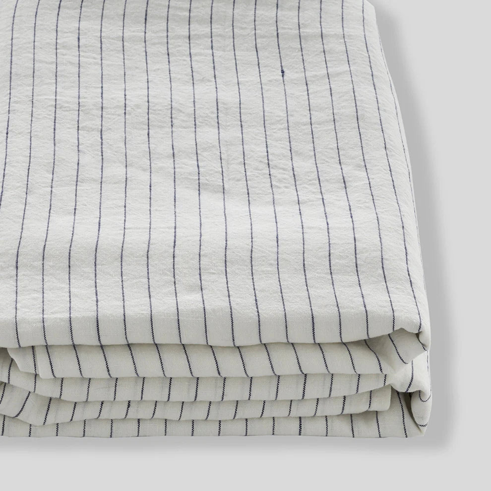 100% Linen Fitted Sheet in Pinstripe Navy